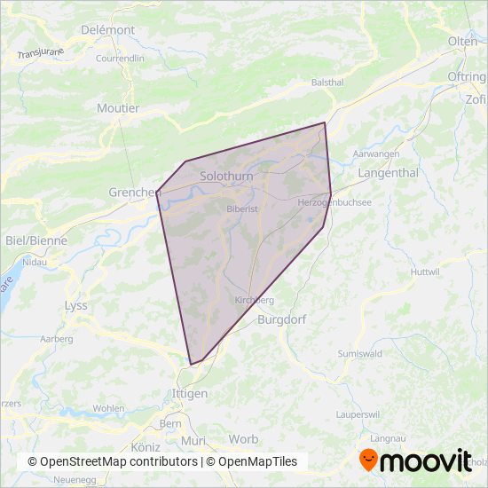 Busbetrieb Solothurn und Umgebung coverage area map