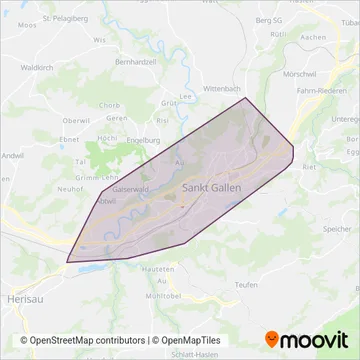 Carte de la zone de couverture de Verkehrsbetriebe der Stadt St.Gallen