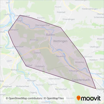 Carte de la zone de couverture de Regionale Verkehrsbetriebe Baden-Wettingen