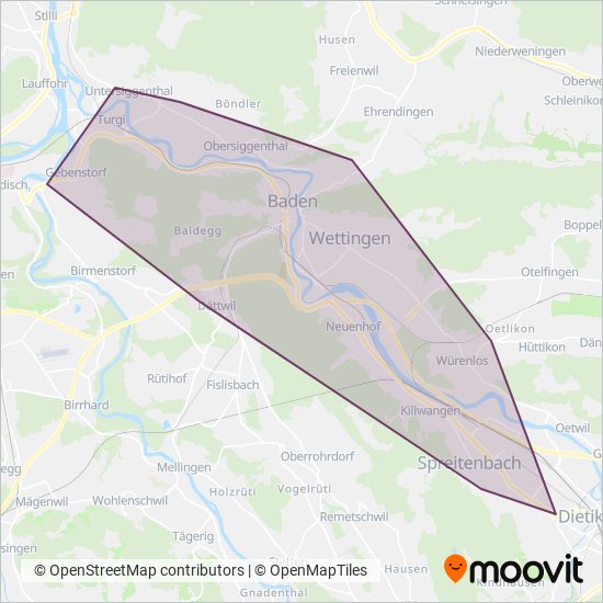 Carte de la zone de couverture de Regionale Verkehrsbetriebe Baden-Wettingen