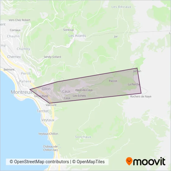 Montreux-Vevey-Riviera (mtgn) - Rail coverage area map