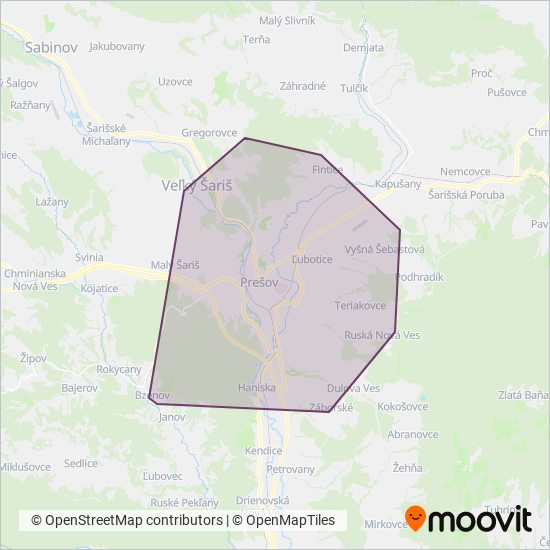 Mapa oblasti pokrytia DP Prešov