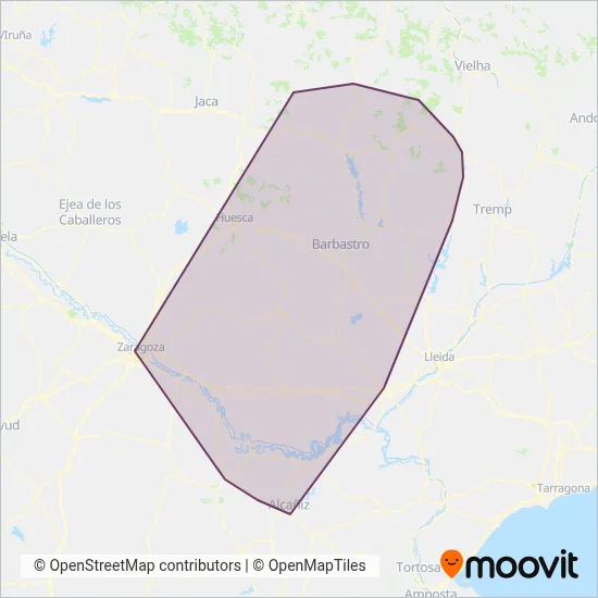 Mapa del área de cobertura de Transporte Público de Aragón
