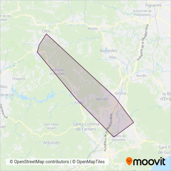 Mapa del área de cobertura de Cia. del Ferrocarril de Olot a Gerona, SA