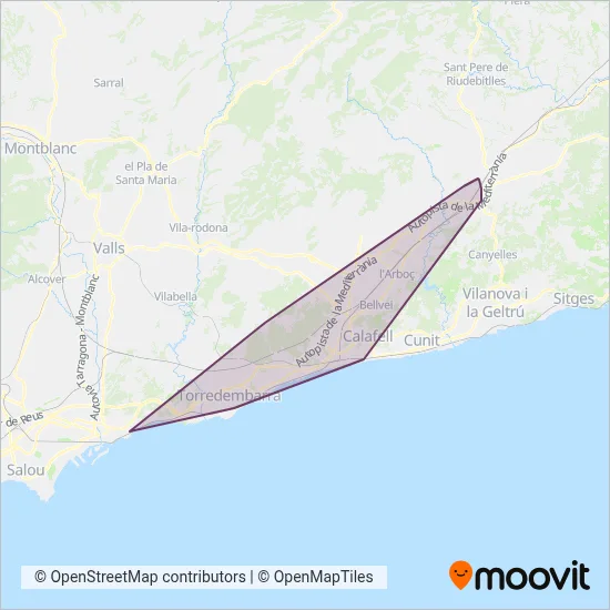 Mapa del área de cobertura de Autocars del Penedès