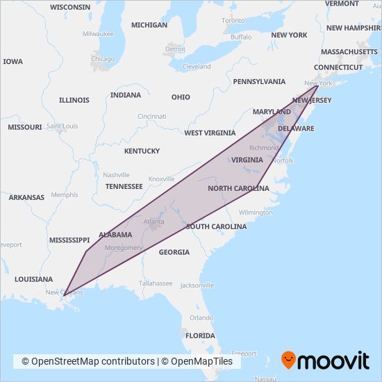 Mapa del área de cobertura de Amtrak
