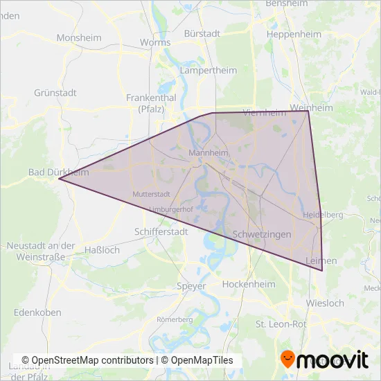 RNV Rhein-Neckar-Verkehr GmbH (Tram) coverage area map