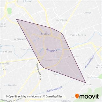 Mapa del área de cobertura de Transportes de Murcia