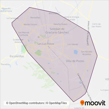 Mapa del área de cobertura de Rutas ​de Transporte Metropolitano