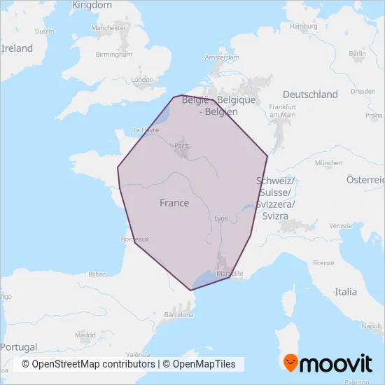 Mapa del área de cobertura de SNCF VOYAGEURS