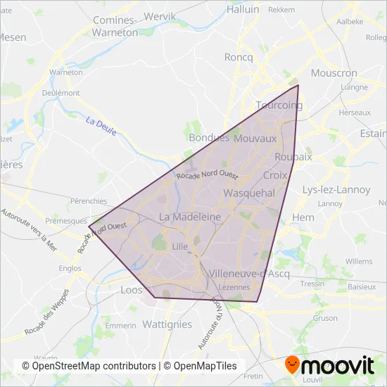 Carte de la zone de couverture de Ilévia (Métro)