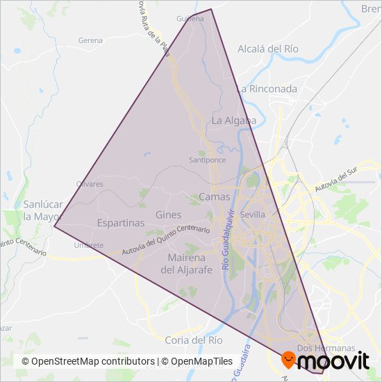 Mapa del área de cobertura de Consorcio de Transportes del Área de Sevilla