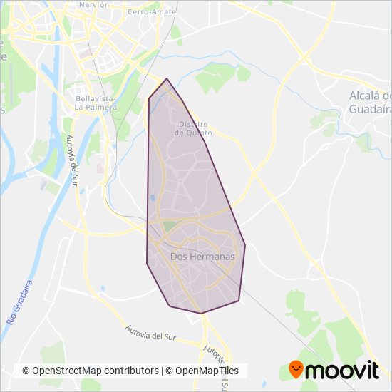 Mapa del área de cobertura de Transporte Urbano de Dos Hermanas