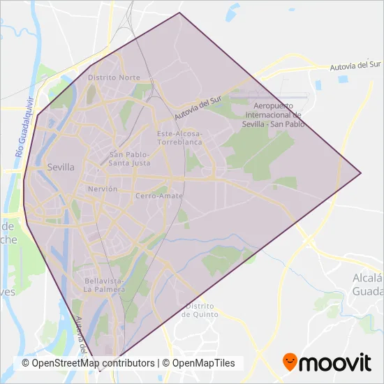 Mapa del área de cobertura de TUSSAM (Autobús)