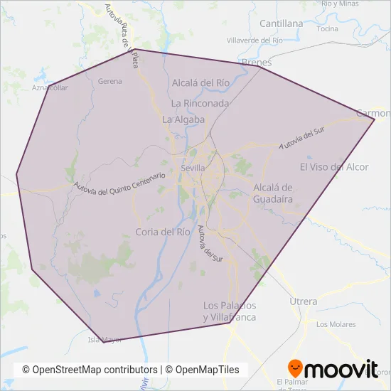 Mapa del área de cobertura de Consorcio de Transportes del Área de Sevilla