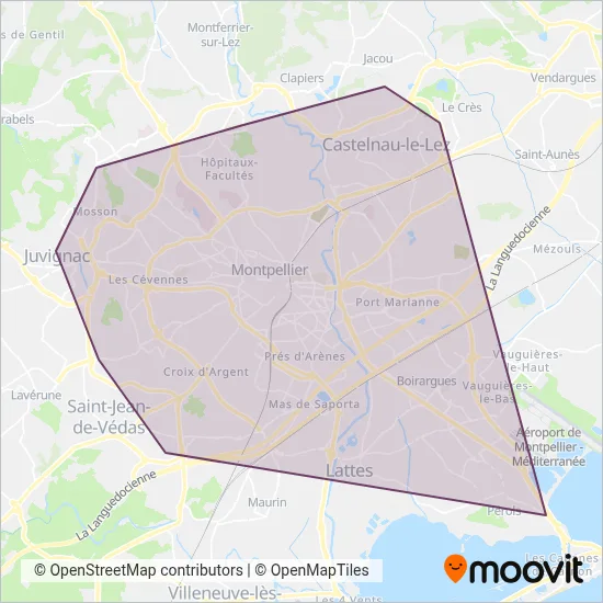 Mapa del área de cobertura de TAM (Tranvía)