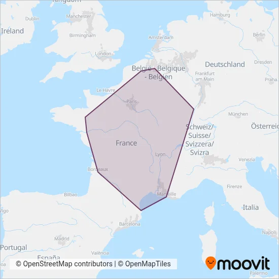 Mapa del área de cobertura de SNCF VOYAGEURS