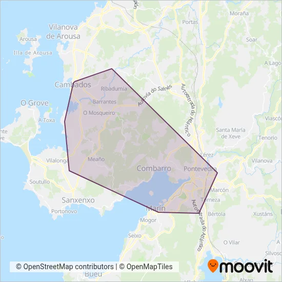 Mapa del área de cobertura de Monbus-Rías Baixas