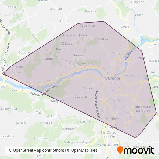 Mapa del área de cobertura de Avanza - Transporte Urbano de Ourense