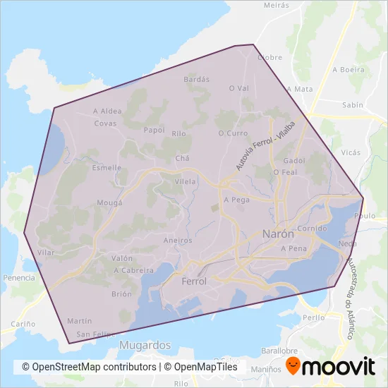 Mapa del área de cobertura de FERROLBUS