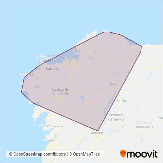 Mapa del área de cobertura de Arriva Galicia