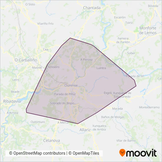 Mapa del área de cobertura de RIO Mobilidade - Rede Integrada de Ourense