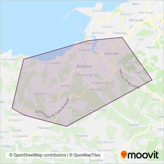 Mapa del área de cobertura de Bus de Arteixo - Arriva