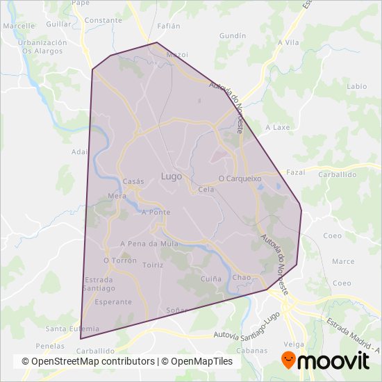Mapa del área de cobertura de Monbus - Urbanos de Lugo
