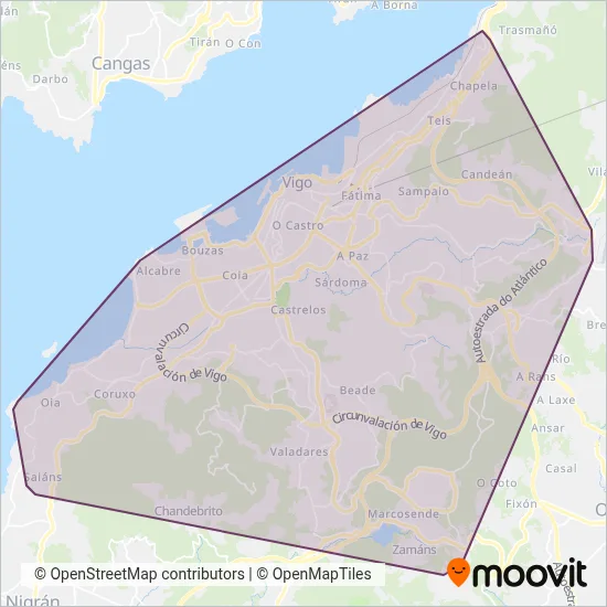 Mapa del área de cobertura de Vitrasa - Transporte Urbano de Vigo