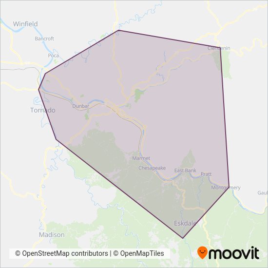 Mapa del área de cobertura de Kanawha Valley Regional Transportation Authority (krt)