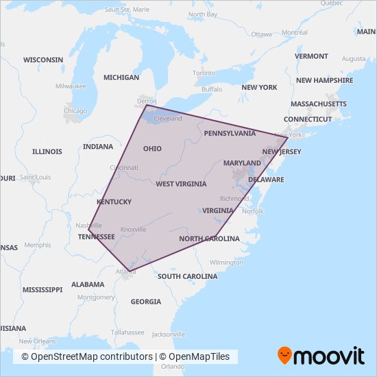 Mapa del área de cobertura de Greyhound-us