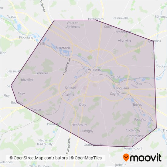 Mapa del área de cobertura de Keolis Amiens