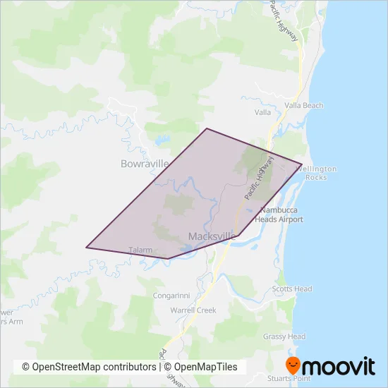 Mapa del área de cobertura de Nambucca Bus Service