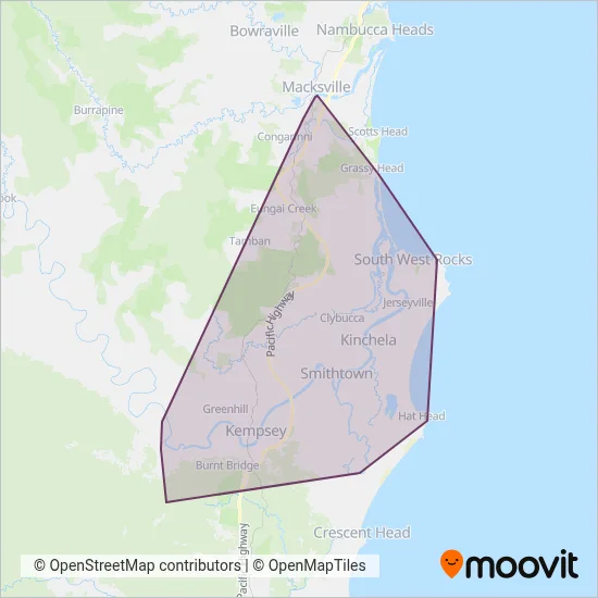 Mapa del área de cobertura de Cavanagh Bus & Coach Pty Ltd