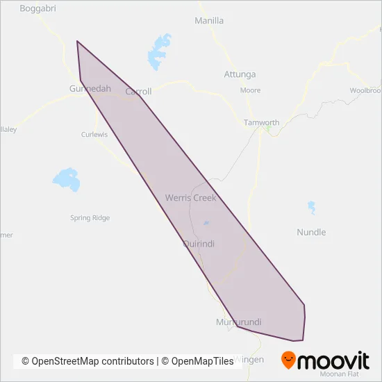 Mapa del área de cobertura de Denman Buses