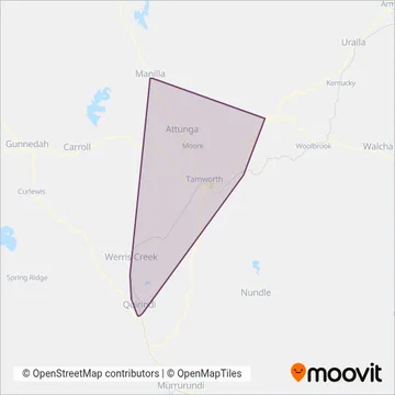Mapa del área de cobertura de Tamworth Buslines