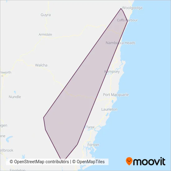 Mapa del área de cobertura de Newcombe Coach Lines
