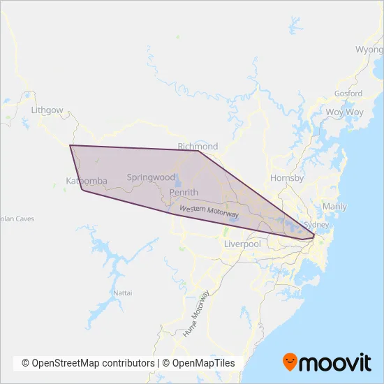 Mapa del área de cobertura de Blue Mountains Transit