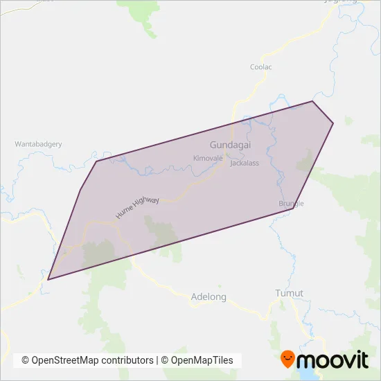 Mapa del área de cobertura de Ecclestons Buses Gundagai Pty Ltd