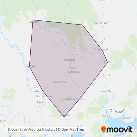 Mapa del área de cobertura de Sheltons Bus Service