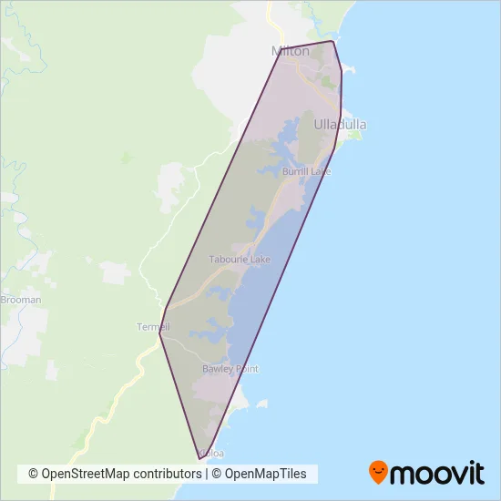 Mapa del área de cobertura de Ulladulla Buslines