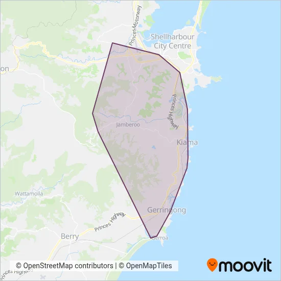 Mapa del área de cobertura de Kiama Coaches