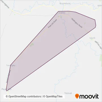 Mapa del área de cobertura de Dubbo Buslines