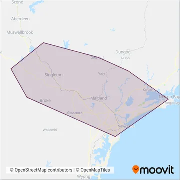 Mapa del área de cobertura de Hunter Valley Buses