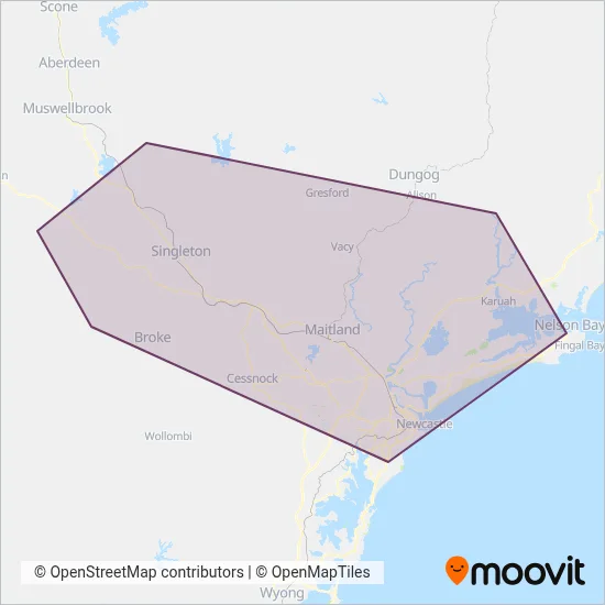 Mapa del área de cobertura de Hunter Valley Buses