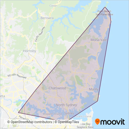 Mapa del área de cobertura de Keolis Downer Northern Beaches