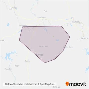 Mapa del área de cobertura de Oberon Bus Service