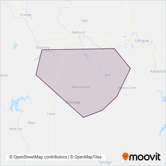 Mapa del área de cobertura de Oberon Bus Service