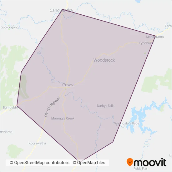 Mapa del área de cobertura de Cowra Bus Service