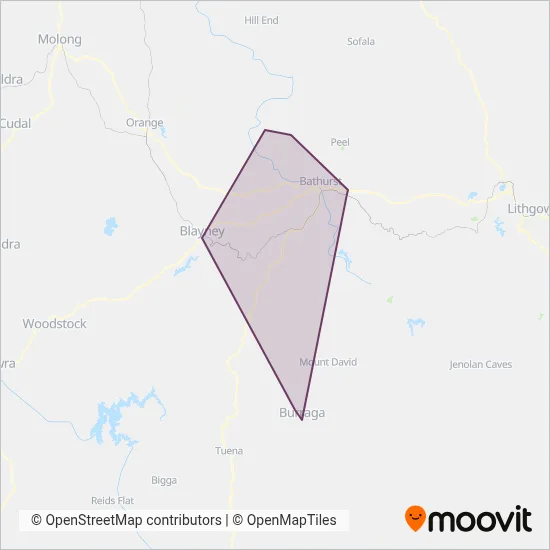 Mapa del área de cobertura de Bathurst Buslines